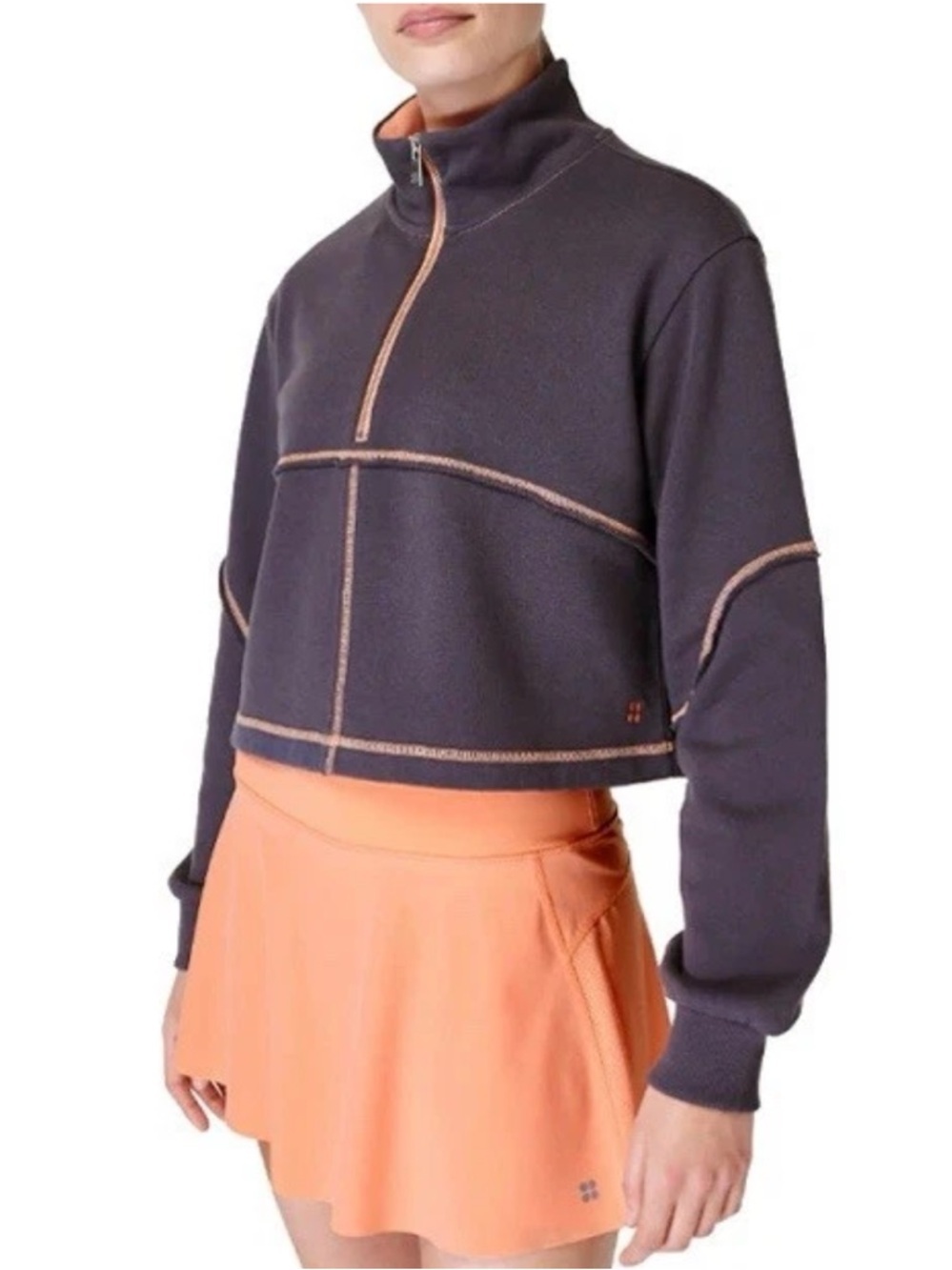 Sweaty Betty Revive Crop Half Zip Pullover Sweatshirt Urban Grey and Peach